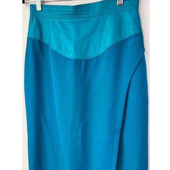 Vintage Western Teal Blue Wool w/ Leather Waist Midi Skirt‎ Size 8 - Picture 2 of 9